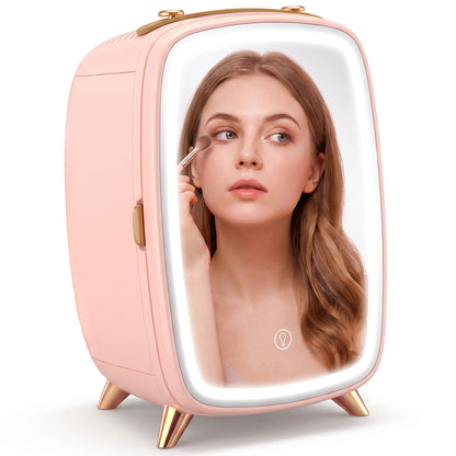 Skincare Refrigerator with LED Mirror, Cooling Function, Pink