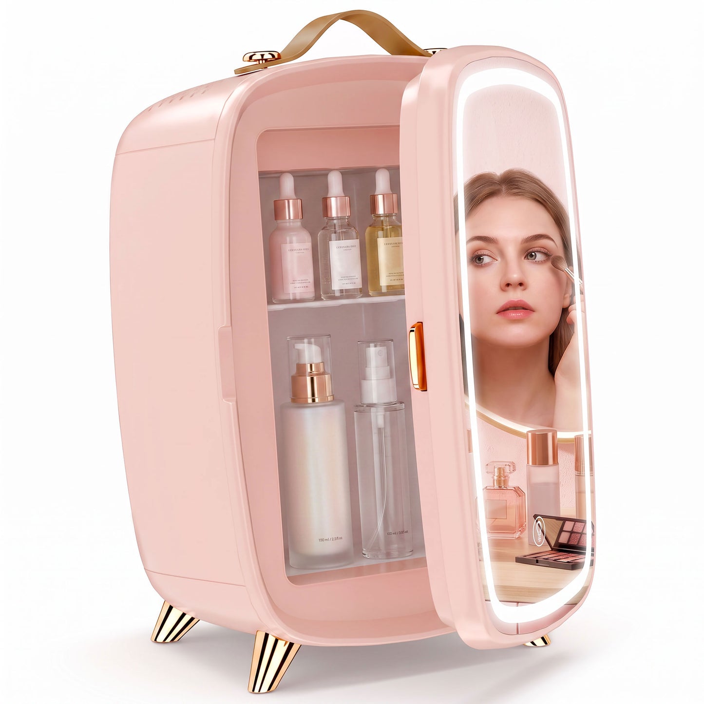 Skincare Refrigerator with LED Mirror, Cooling Function, Pink
