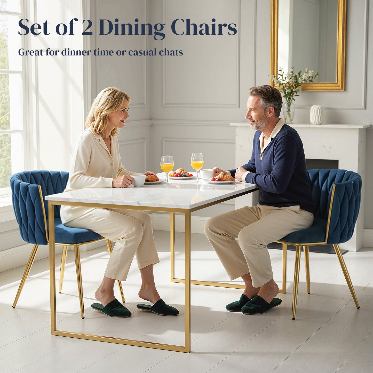 Upholstered Kitchen Chairs Set of 2 with Woven Backrest, Dark Blue