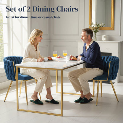 Upholstered Kitchen Chairs Set of 2 with Woven Backrest, Dark Blue