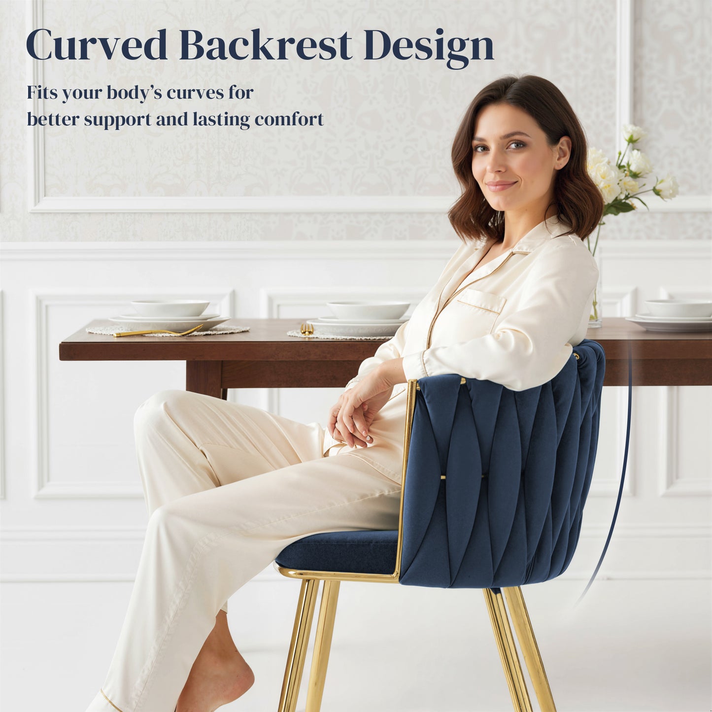 Upholstered Kitchen Chairs Set of 2 with Woven Backrest, Dark Blue