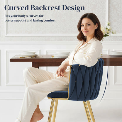 Upholstered Kitchen Chairs Set of 2 with Woven Backrest, Dark Blue