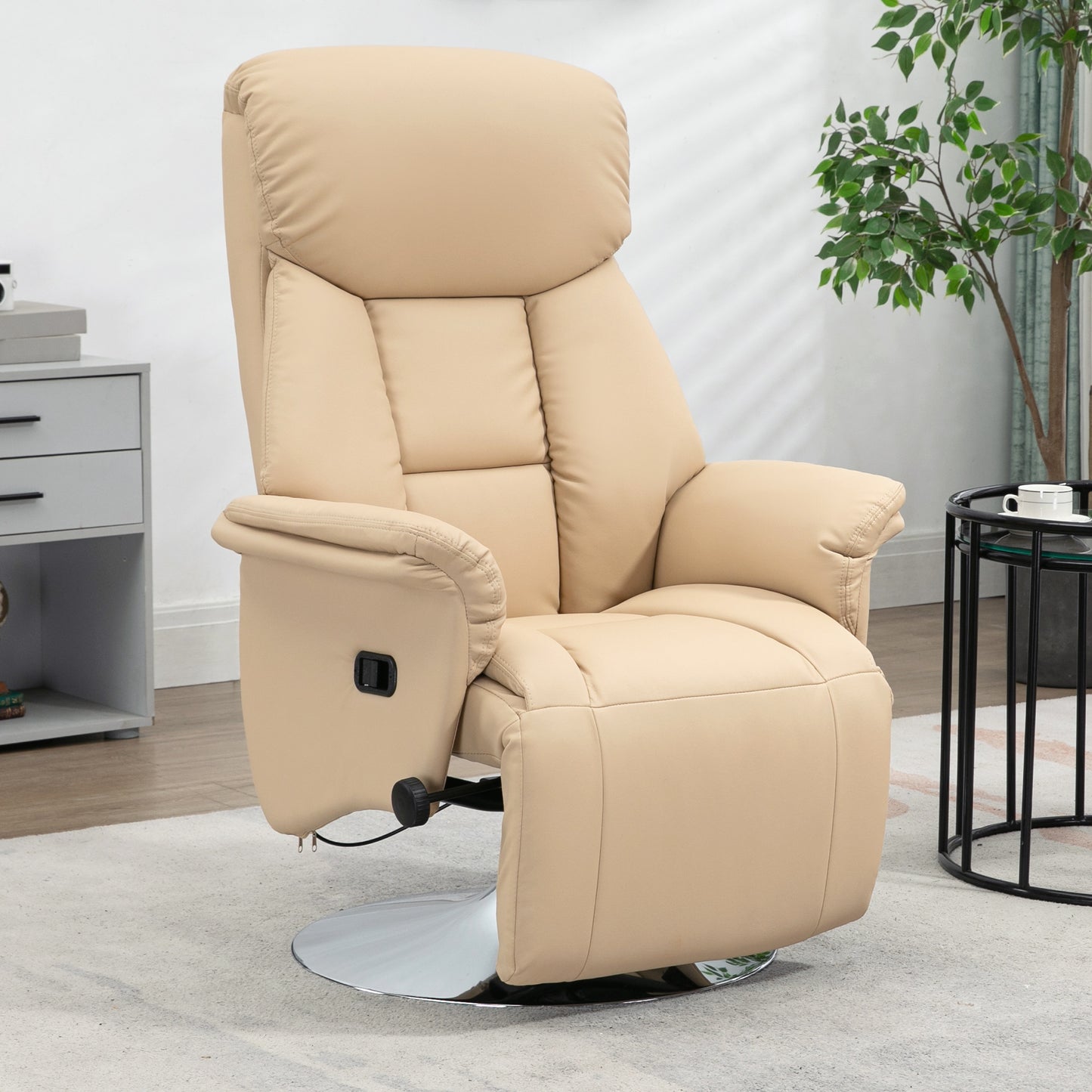 Adjustable Swivel Recliner with Footrest, Padded Arms, Beige