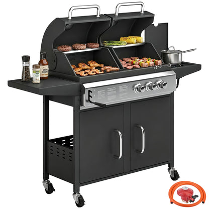 3 Burner Hybrid Dual Fuel BBQ Gas Grill with Side Burner, Black