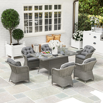 PE Rattan Garden Dining Set for 6 with Seat and Back Cushions
