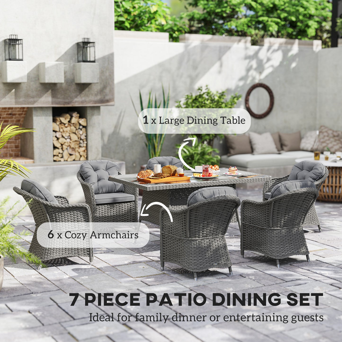 PE Rattan Garden Dining Set for 6 with Seat and Back Cushions