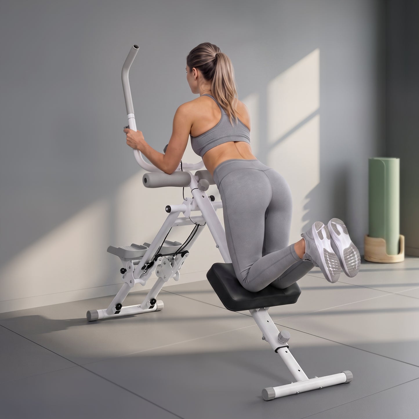 2-in-1 Ab Machine and Stair Stepper, Foldable Ab Trainer and Climbing Machine with LCD Monitor, Height Adjustable Abdominal Cruncher for Home Gym Core Strength Training, White