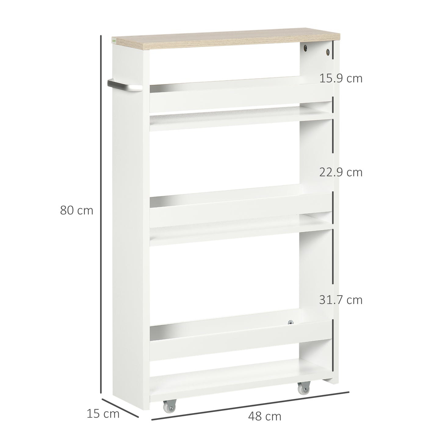 kleankin 4-Tier Storage Trolley on Wheels, Storage Cart, Rolling Ultility Cart with 3 Open Shelves for Living Room, Kitchen, Bathroom, White