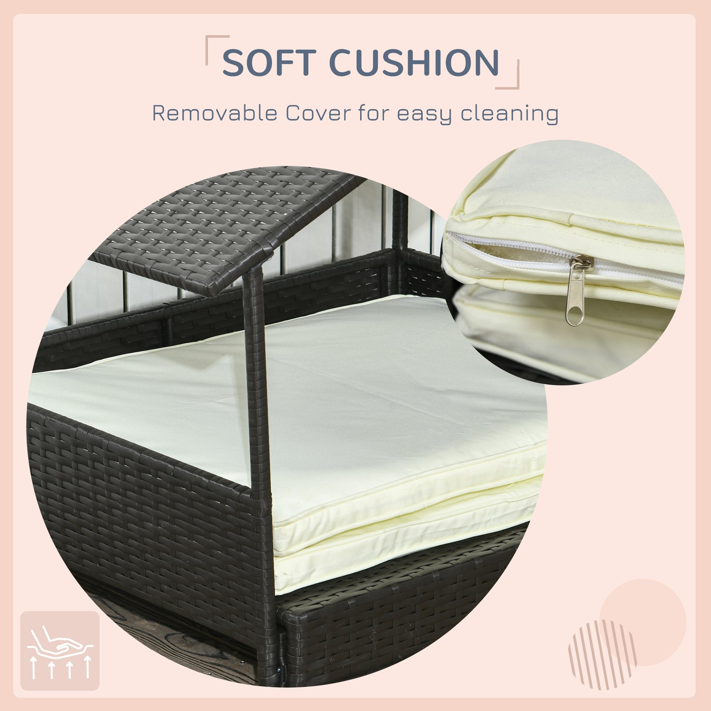 Extendable Elevated Dog Bed, Rattan Dog House, with Water-Resistant Roof, Removable Cushion, for Small, Medium Dogs