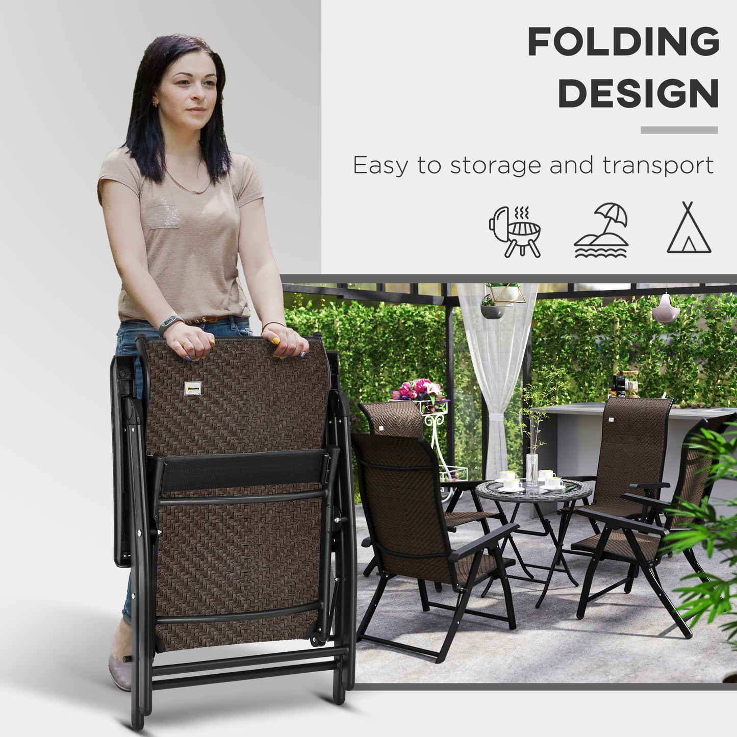Set of 4 Outdoor Rattan Folding Chair w/ Adjustable Backrest Brown