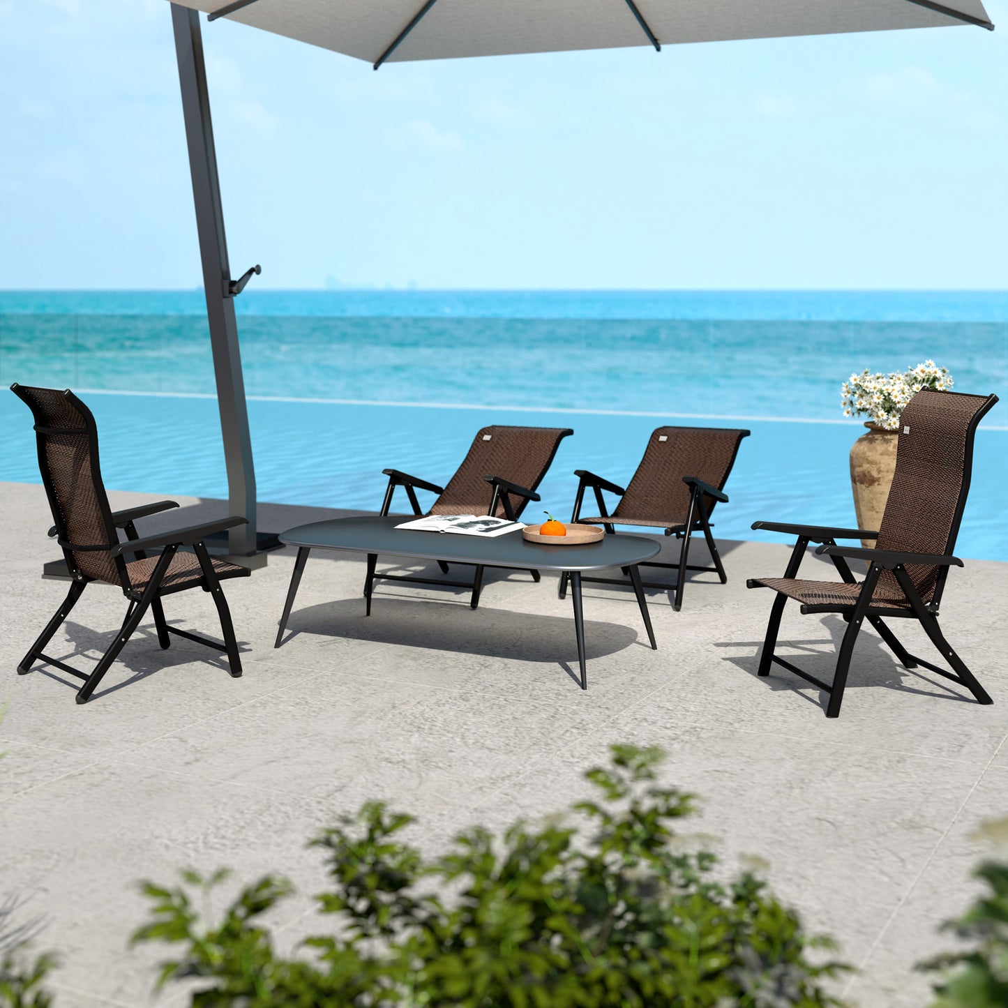 Set of 4 Outdoor Rattan Folding Chair w/ Adjustable Backrest Brown