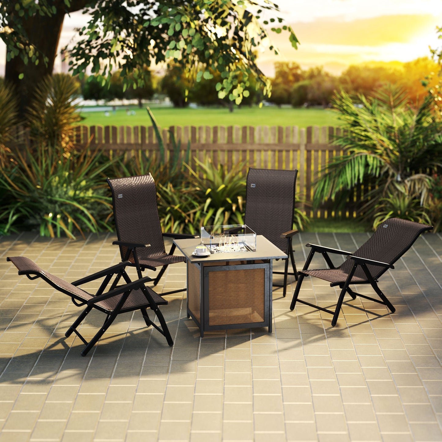 Set of 4 Outdoor Rattan Folding Chair w/ Adjustable Backrest Brown
