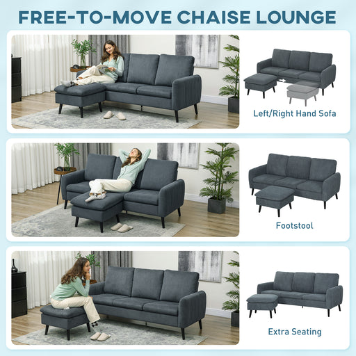 3 Seater Corner Sofa Couch Settee with Chaise Lounge, Charcoal Grey