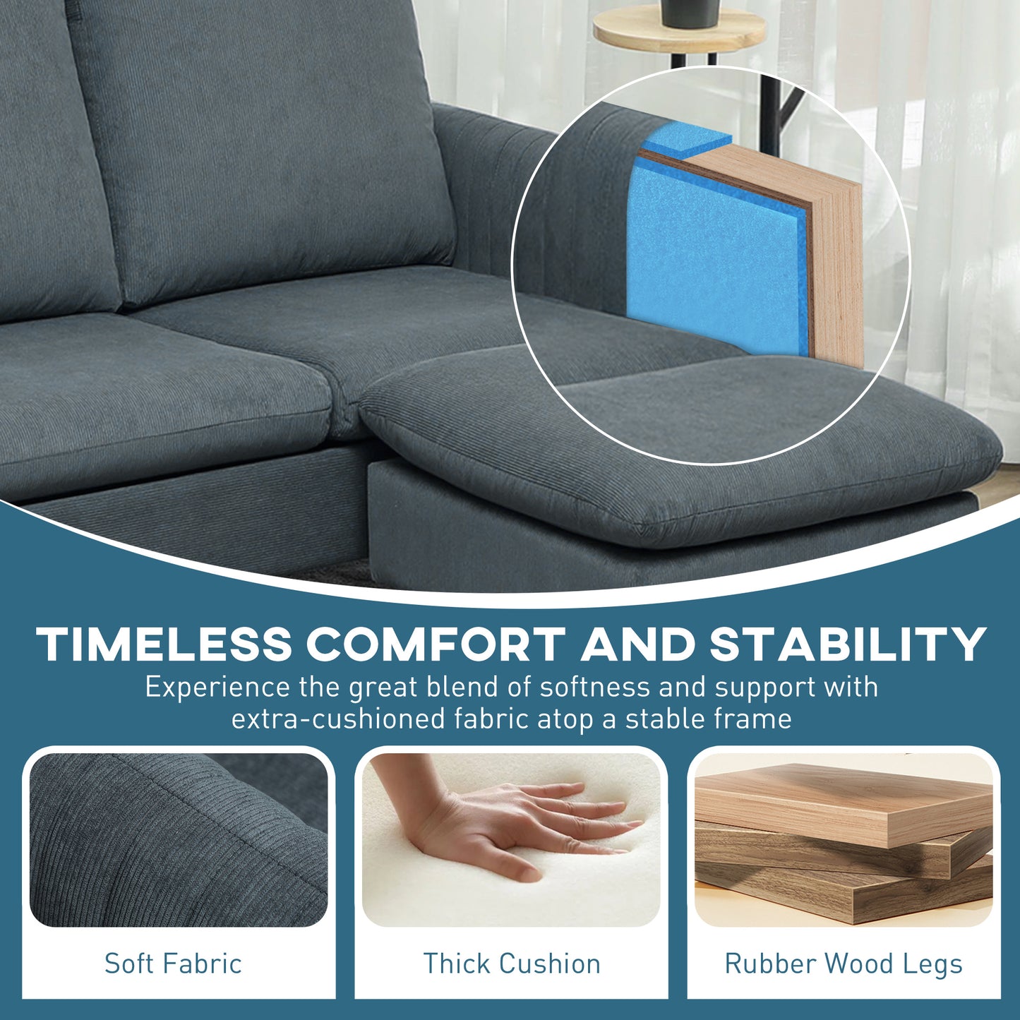 3 Seater Corner Sofa Couch Settee with Chaise Lounge, Charcoal Grey