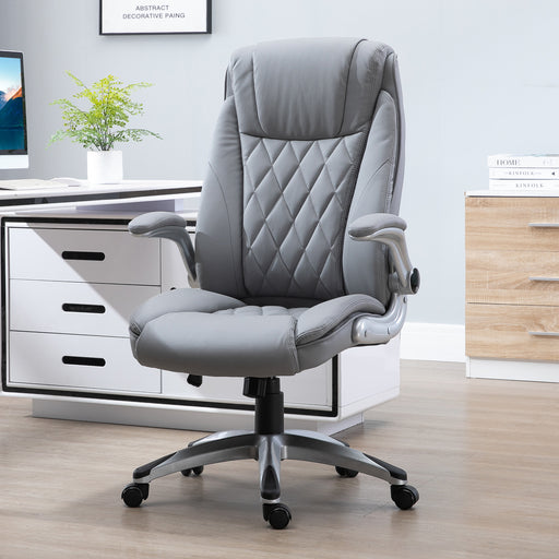 High Back Executive Office Chair Home Swivel PU Leather Ergonomic Chair, with Flip-up Arm, Wheels, Adjustable Height, Grey