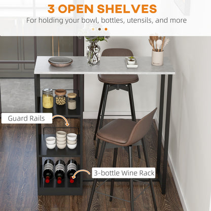 105 cm Rectangular Bar Table for 2 People with Wine Rack, Modern Breakfast Bar Table with 3 Storage Shelves and Faux Marble Top for Kitchen, Black