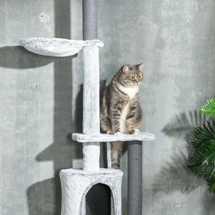 255cm Floor to Ceiling Cat Tree with Scratching Posts, Height Adjustable Cat Tower with Hammock, House, Anti-tipping Kit, Perches, Toys, Grey