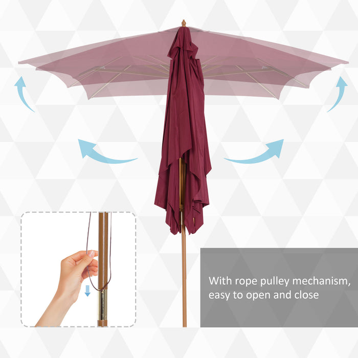 3m x 2m Wood Wooden Garden Parasol Sun Shade Patio Outdoor Umbrella Canopy New (Wine Red)