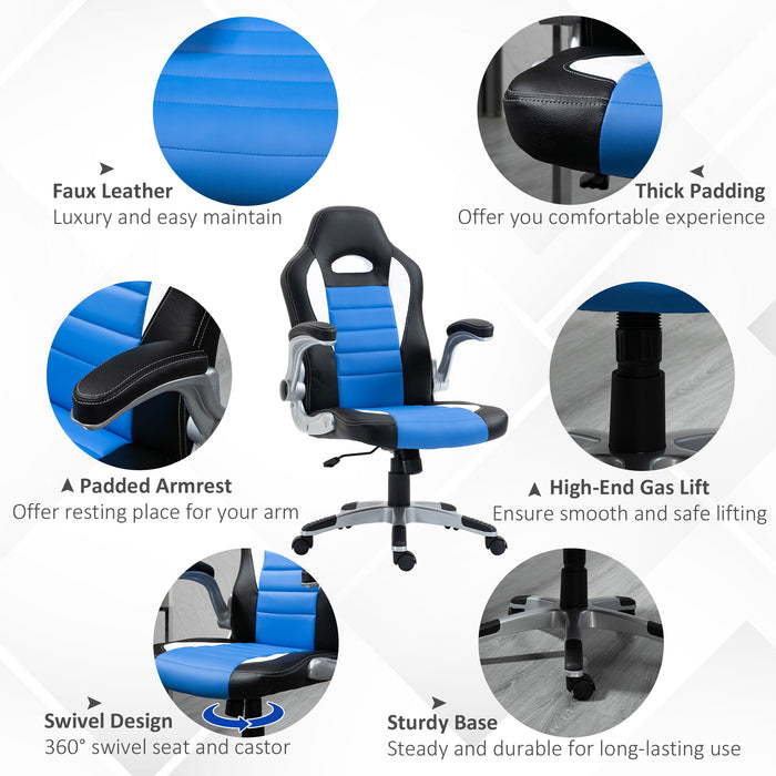 Racing Gaming Chair, PU Leather Computer Desk Chair, Height Adjustable Swivel Chair With Tilt Function and Flip Up Armrests, Blue