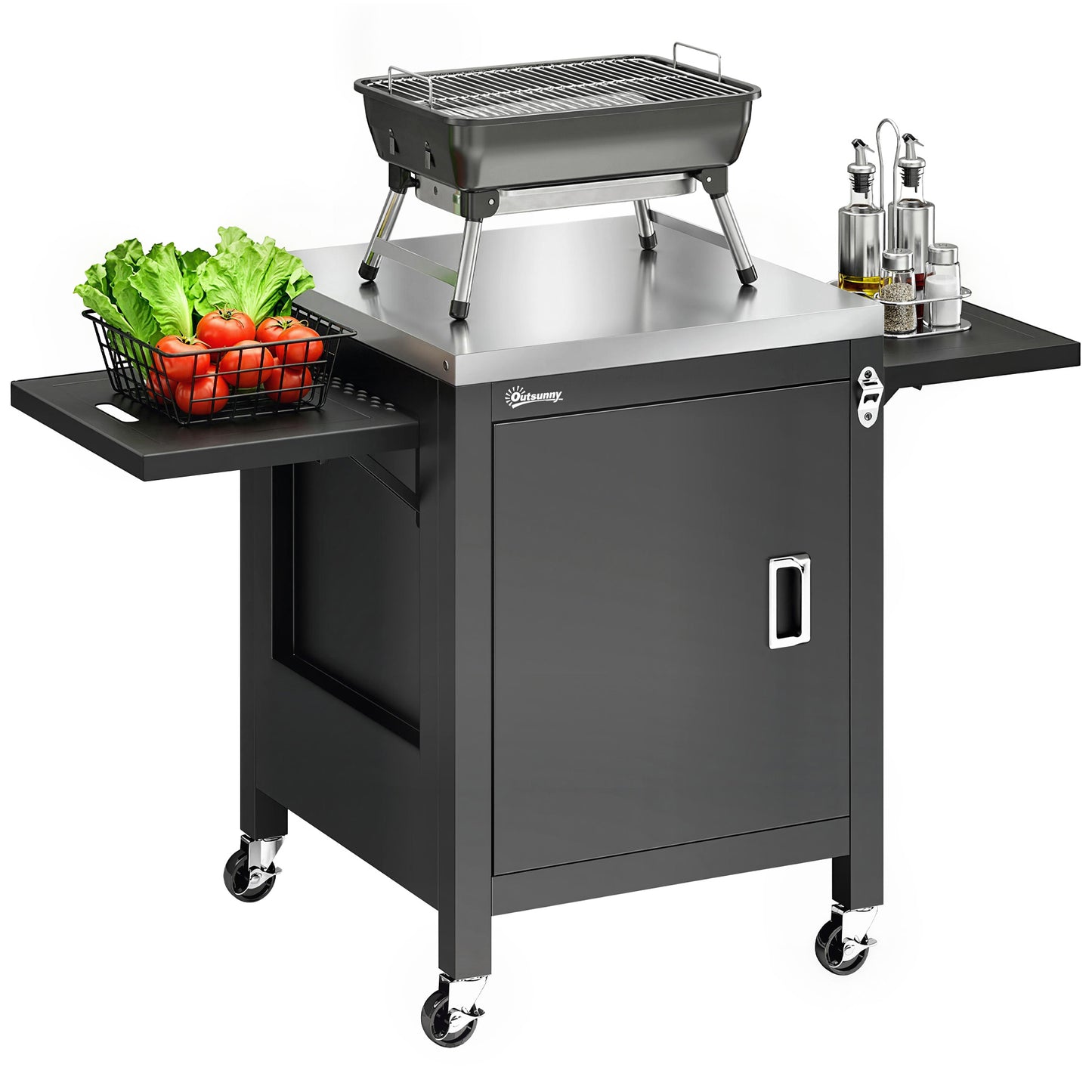 Outdoor Grill Cart, Movable Food Prep Cart on Wheels, Black