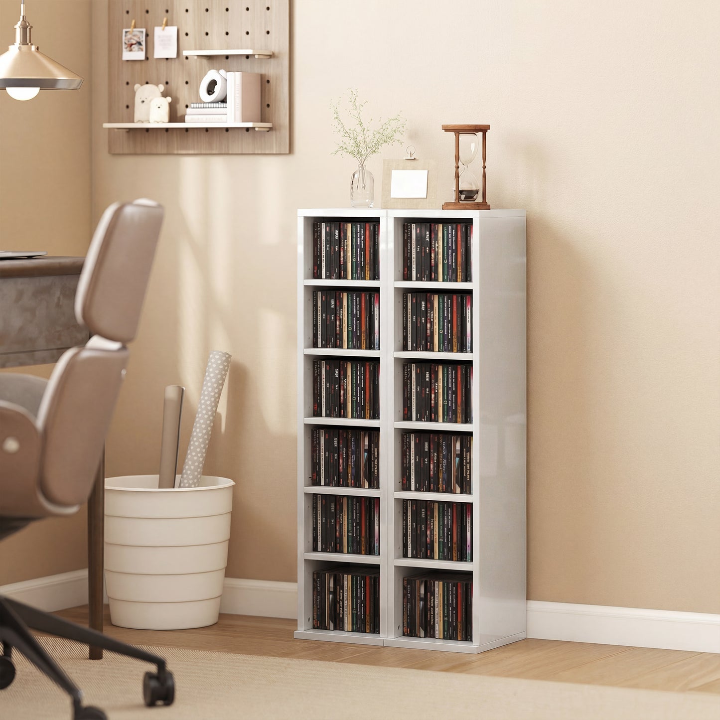 Set of 2 CD Storage Units with Adjustable Shelves, High Gloss White