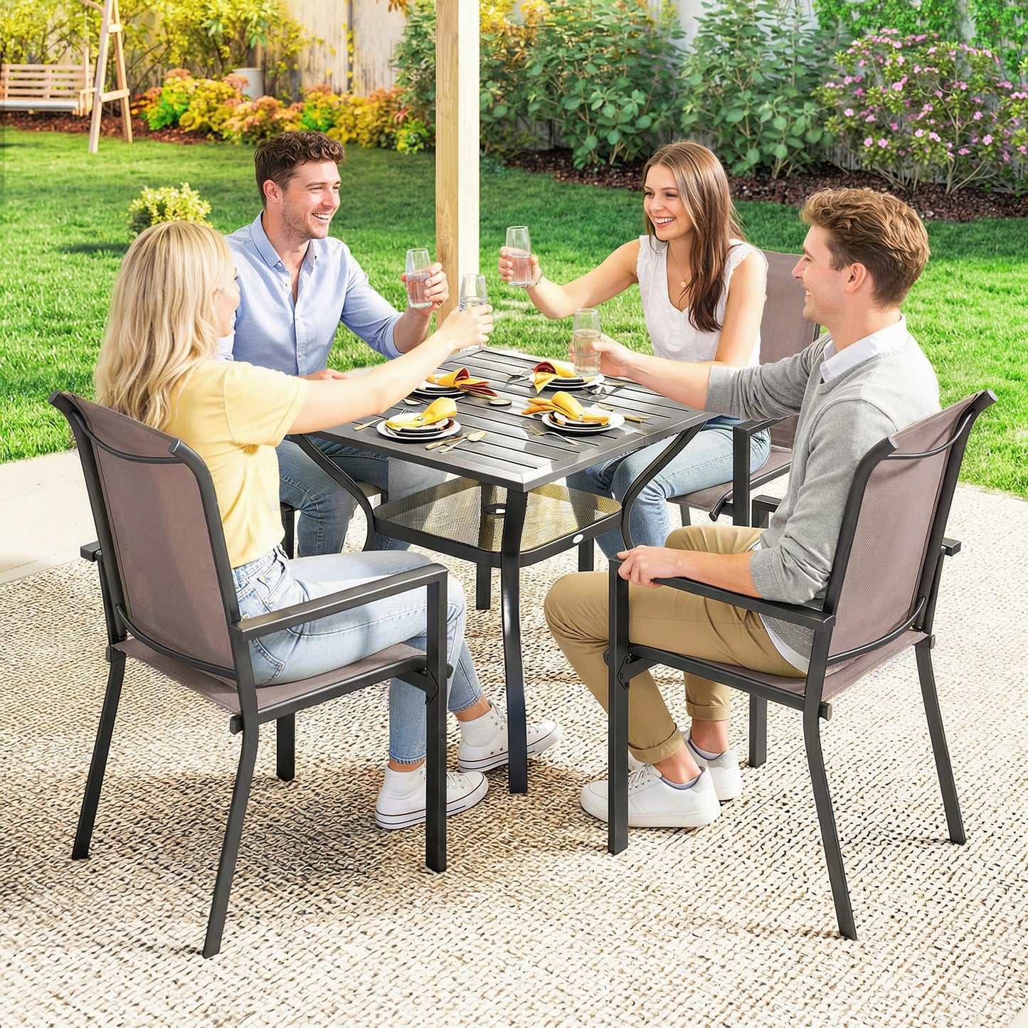 5 Pieces Outdoor Dining Set for 4, Grey and Khaki