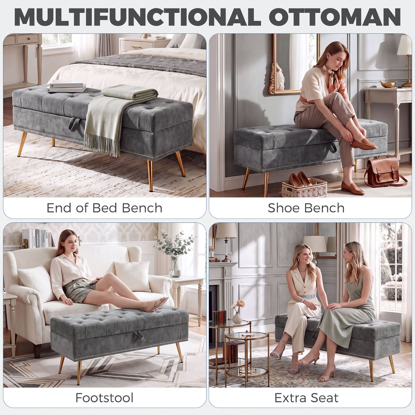 Storage Ottoman, Chenille Ottoman Storage Box, Grey