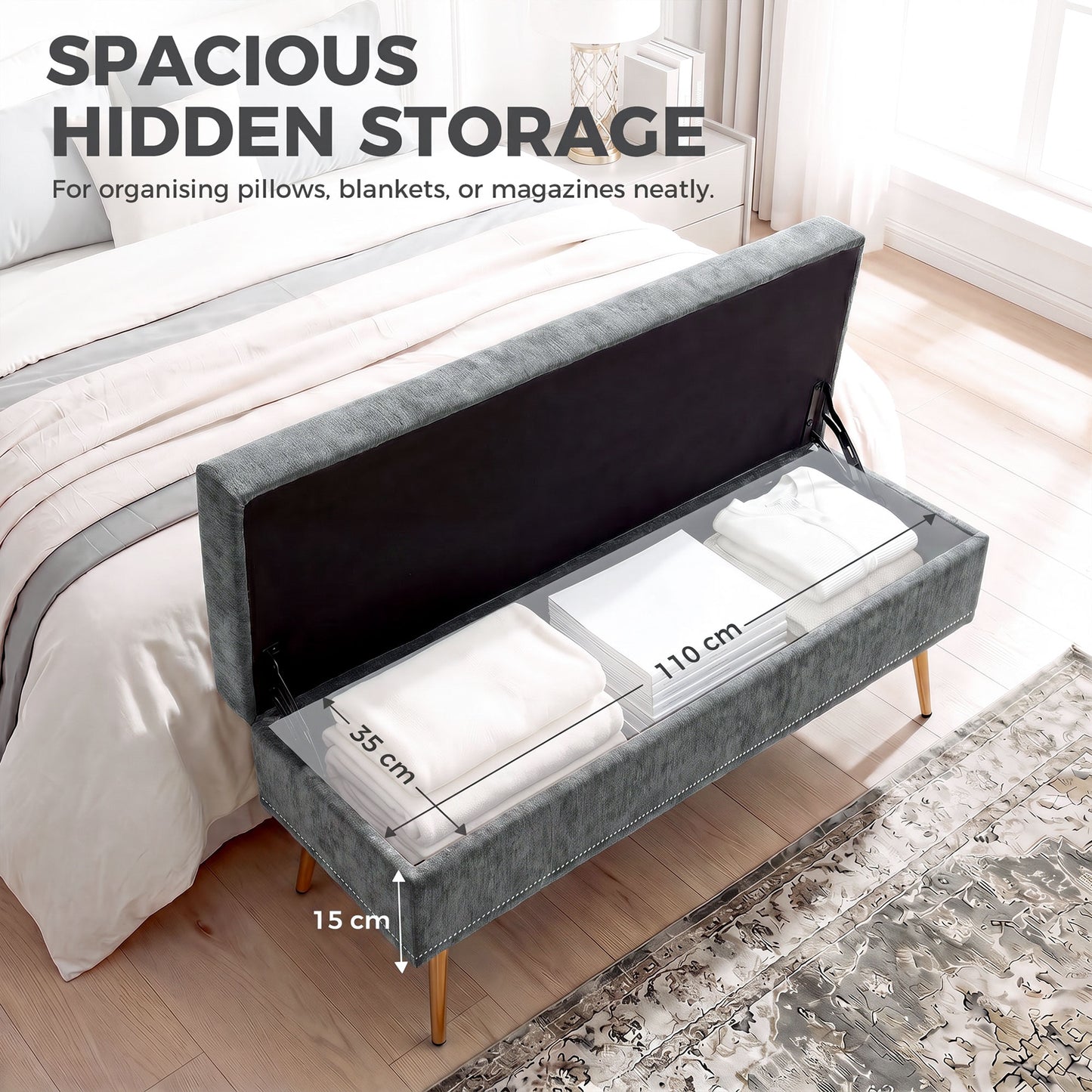 Storage Ottoman, Chenille Ottoman Storage Box, Grey