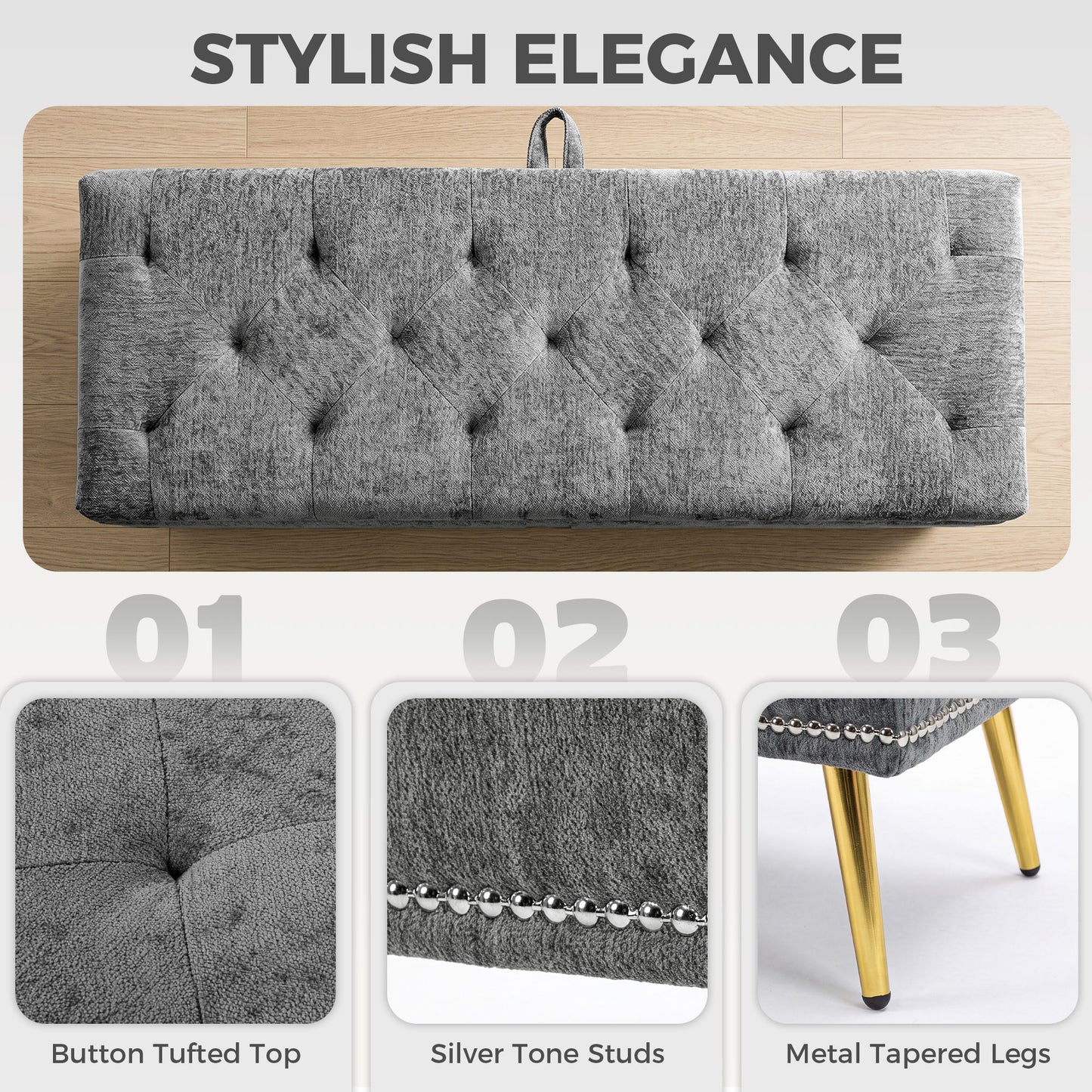 Storage Ottoman, Chenille Ottoman Storage Box, Grey