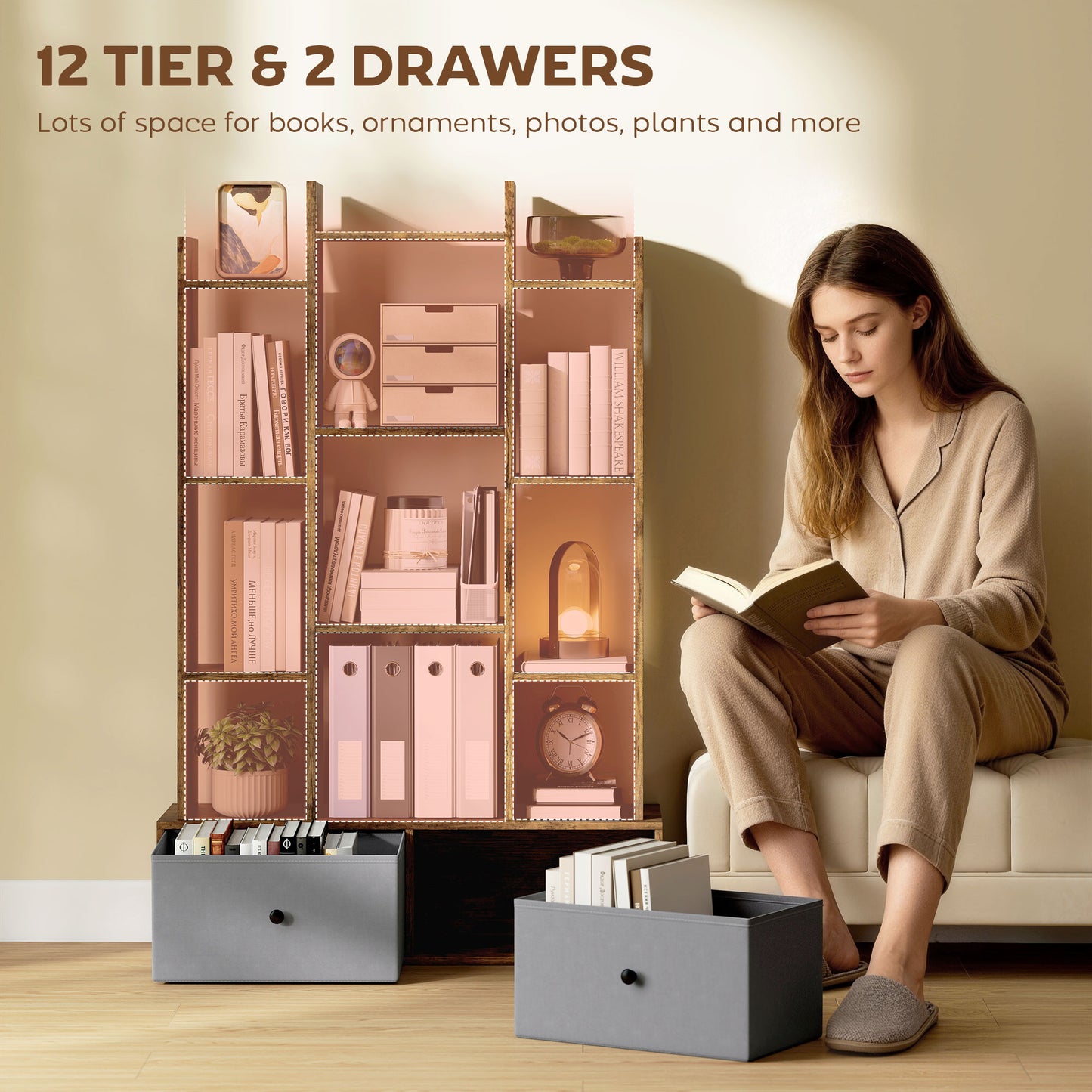 12-Tier Bookshelf, Bookcase w/ 2 Folding Drawer, Rustic Brown