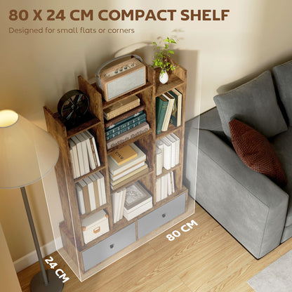 12-Tier Bookshelf, Bookcase w/ 2 Folding Drawer, Rustic Brown