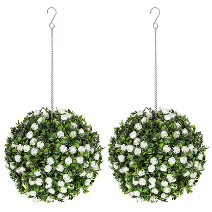 Set of 2 Artificial Plant Topiary Rose Balls, Faux Plants, White