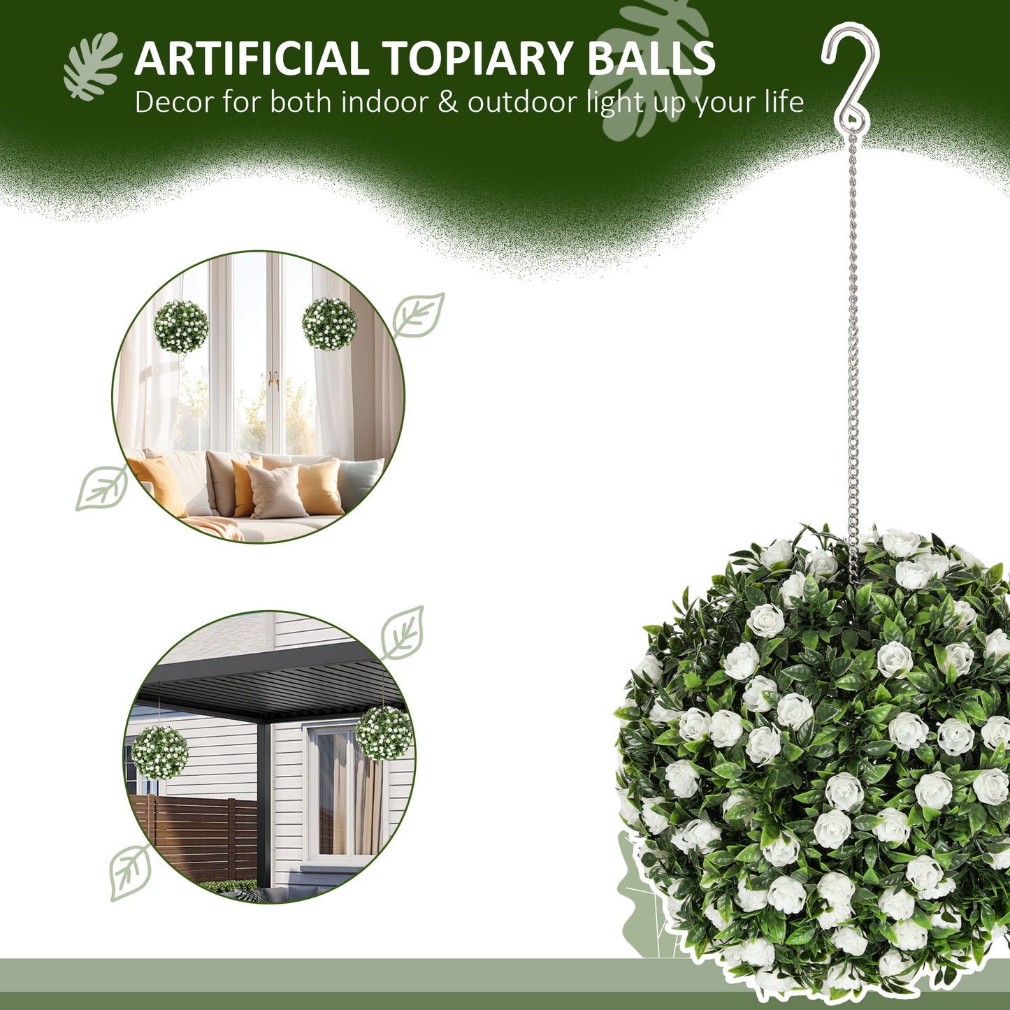 Set of 2 Artificial Plant Topiary Rose Balls, Faux Plants, White