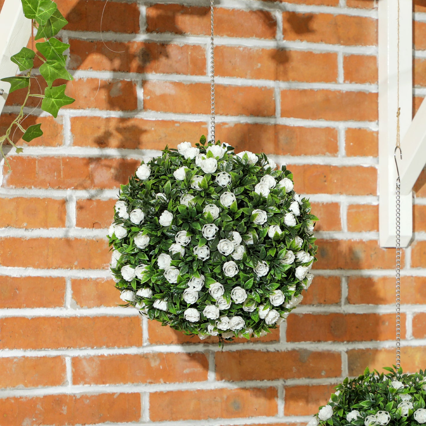 Set of 2 Artificial Plant Topiary Rose Balls, Faux Plants, White