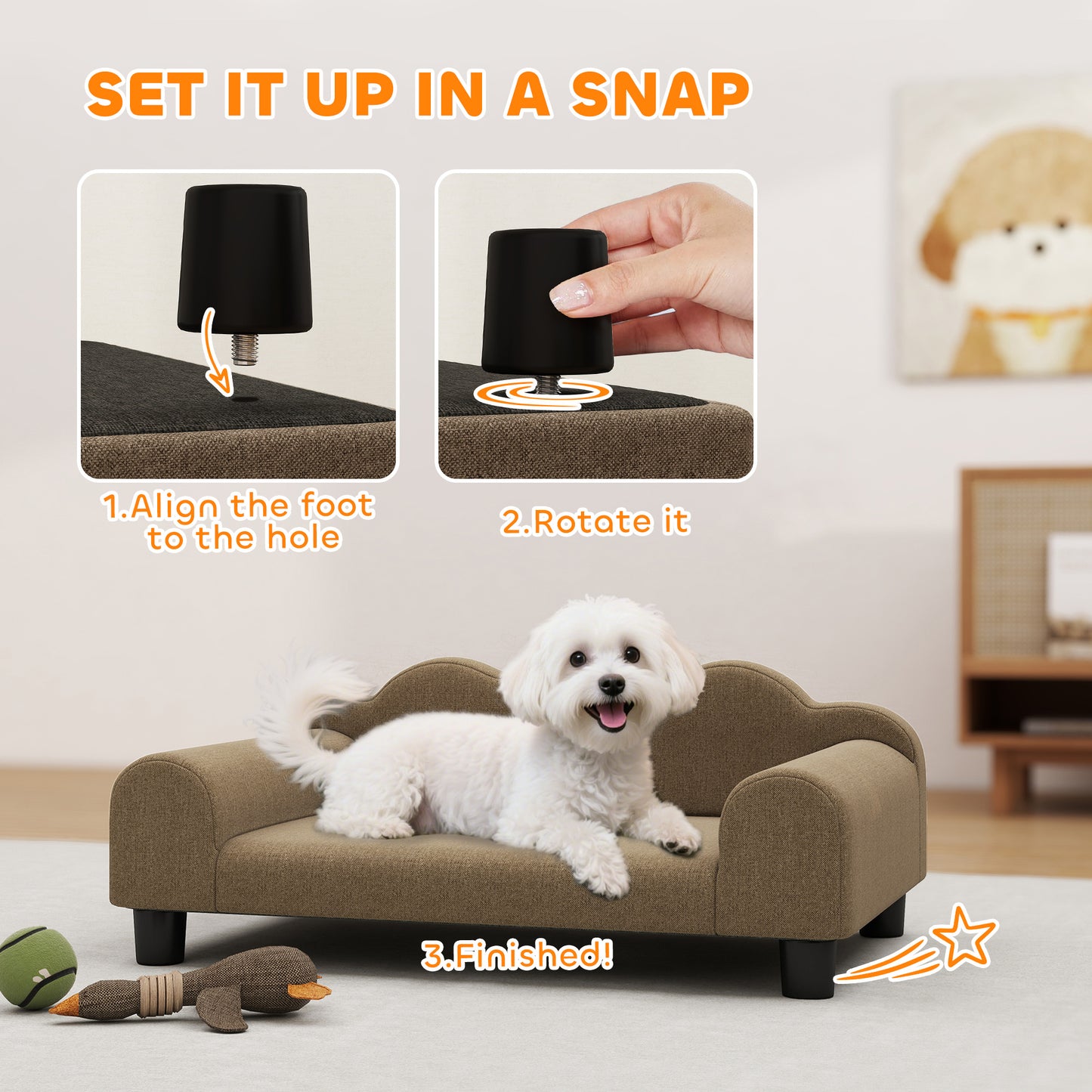 Dog Sofa Bed, Cat Sofa with Backrest, Armrest, for Small Dogs, Brown