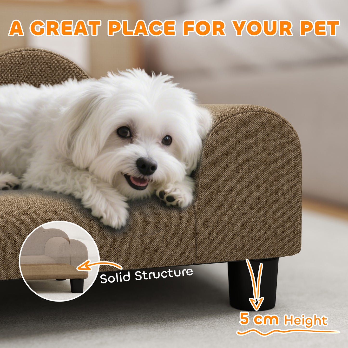 Dog Sofa Bed, Cat Sofa with Backrest, Armrest, for Small Dogs, Brown