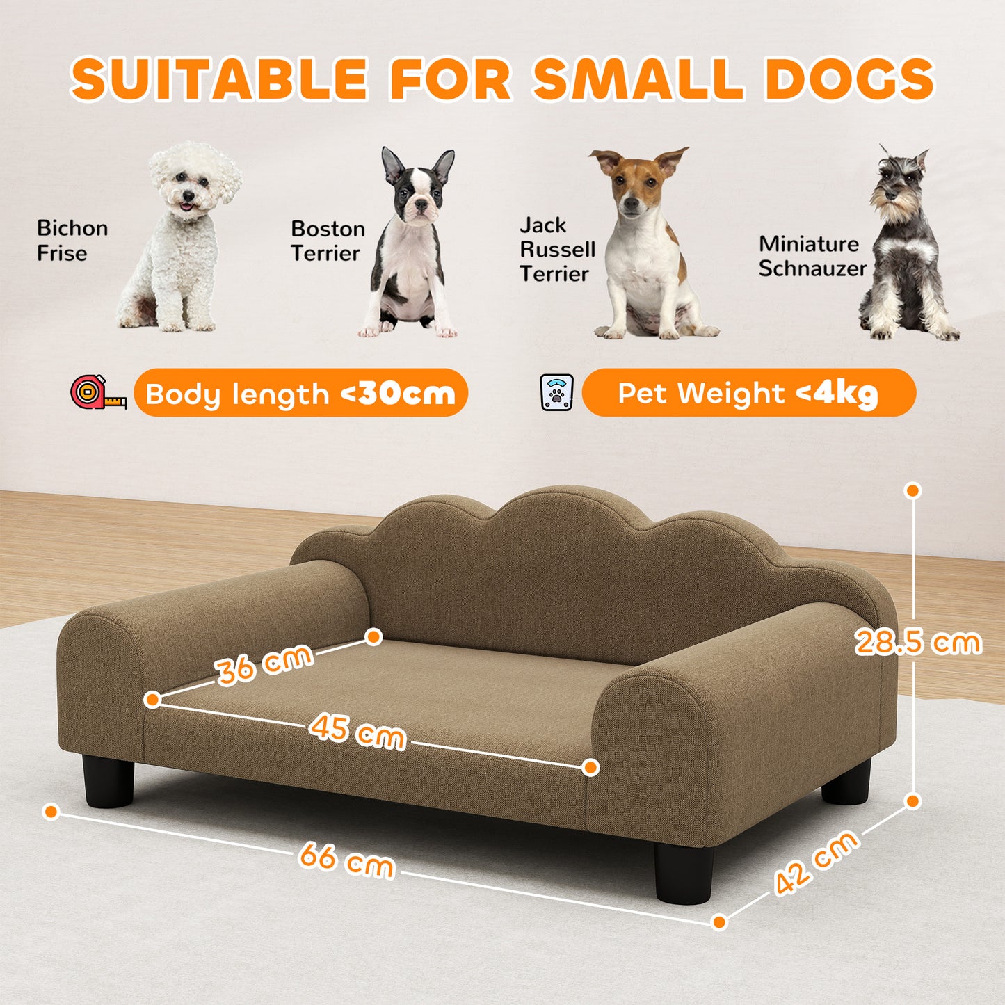 Dog Sofa Bed, Cat Sofa with Backrest, Armrest, for Small Dogs, Brown