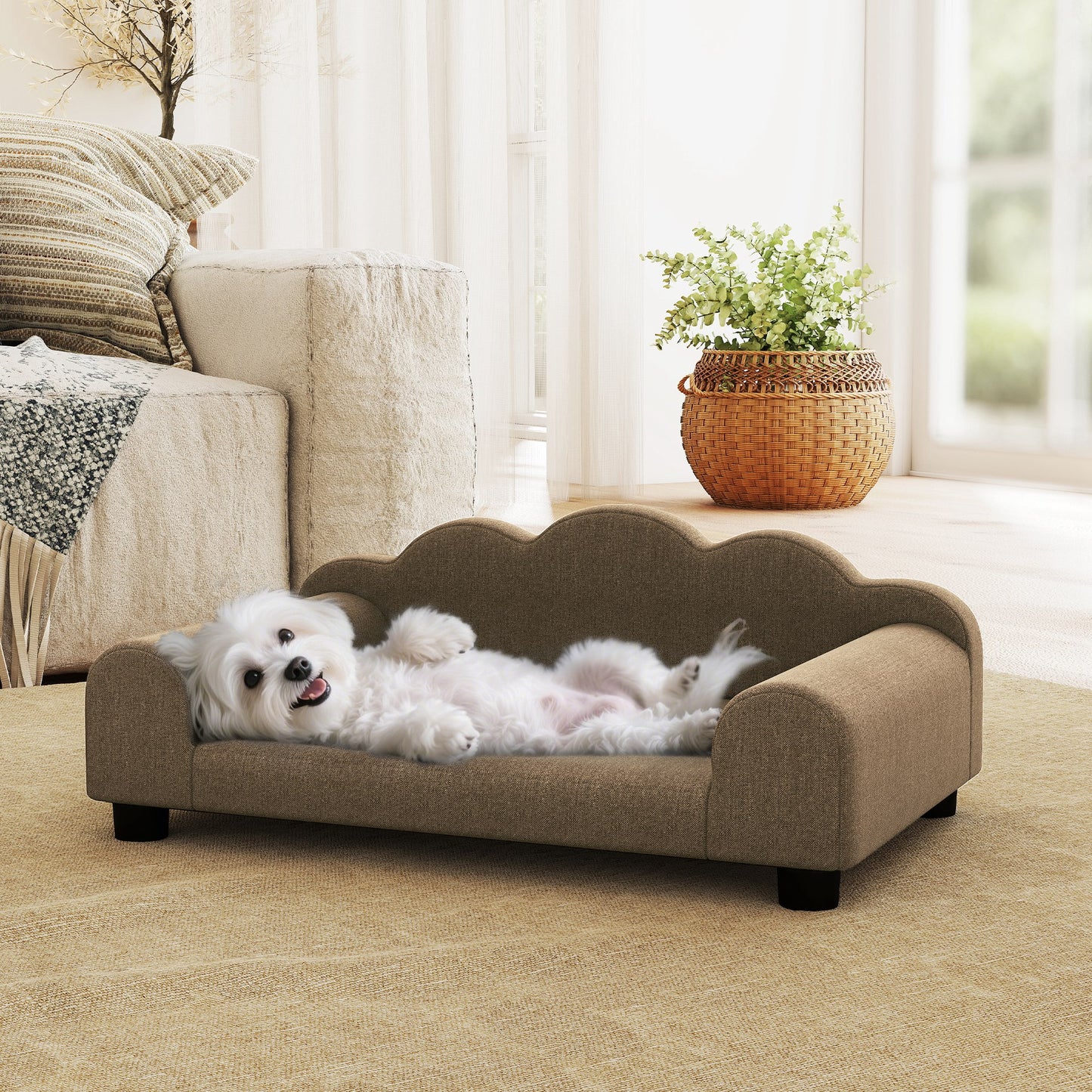 Dog Sofa Bed, Cat Sofa with Backrest, Armrest, for Small Dogs, Brown