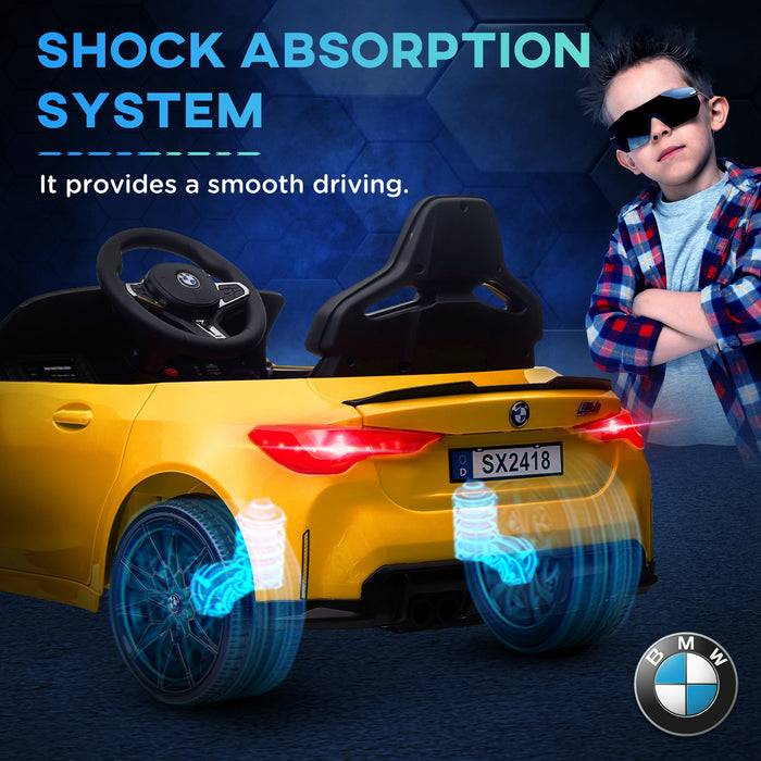 12V BMW M4 Licensed Kids Electric Car w/ Remote, Suspension - Yellow