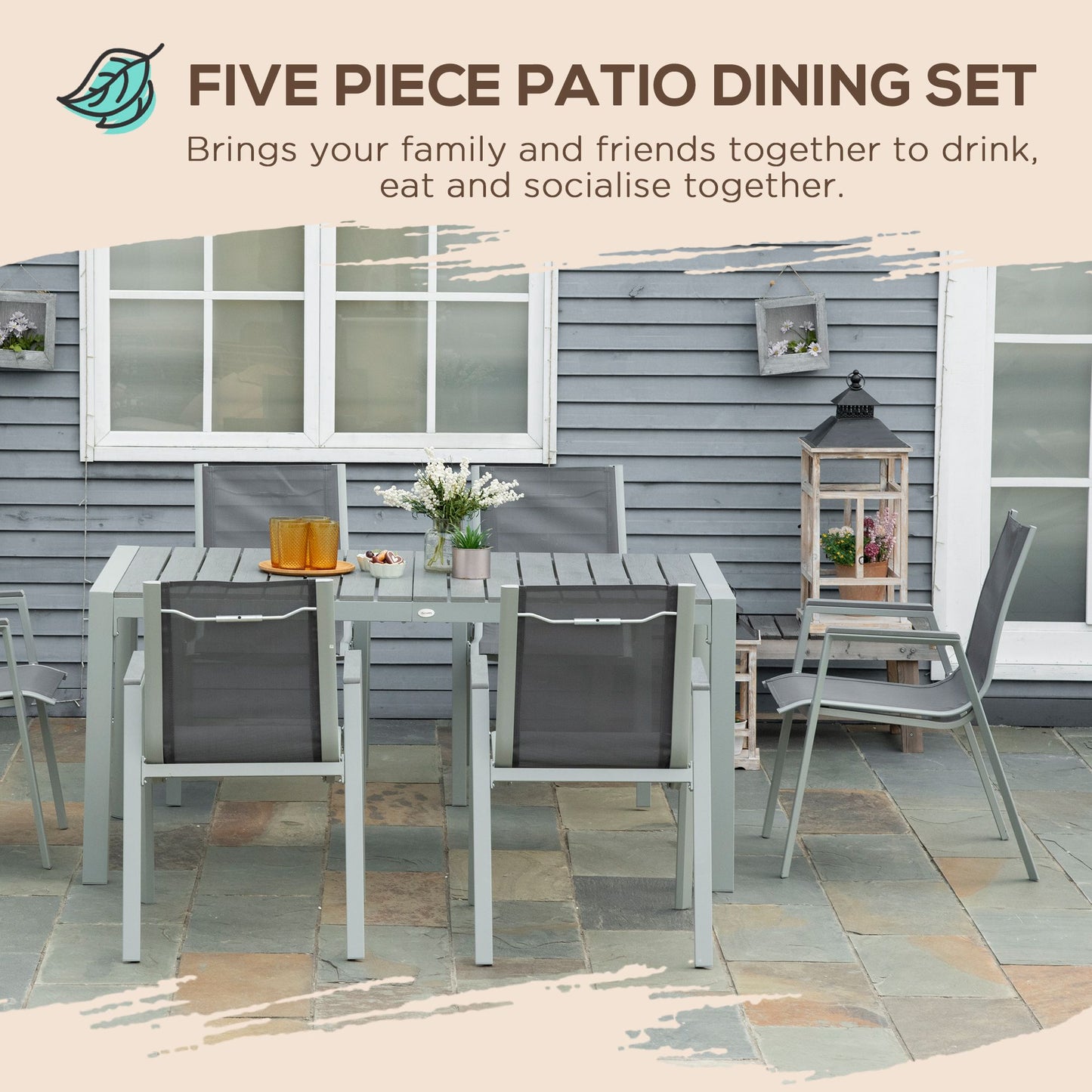 7 Pieces Garden Dining Set, Outdoor Table and 6 Armchairs, Aluminium Frame Slatted Wood Grain Plastic Top Table Mesh Fabric Seats Grey