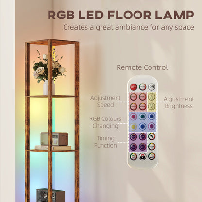 RGB LED Floor Lamp with Shelves and Remote Control, Rustic Brown