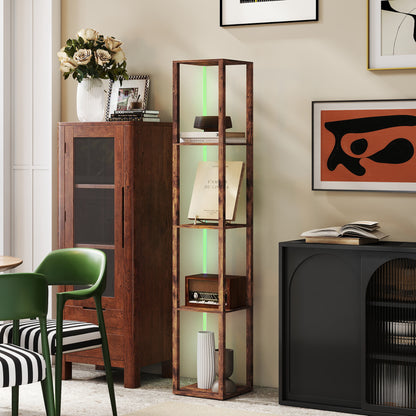 RGB LED Floor Lamp with Shelves and Remote Control, Rustic Brown