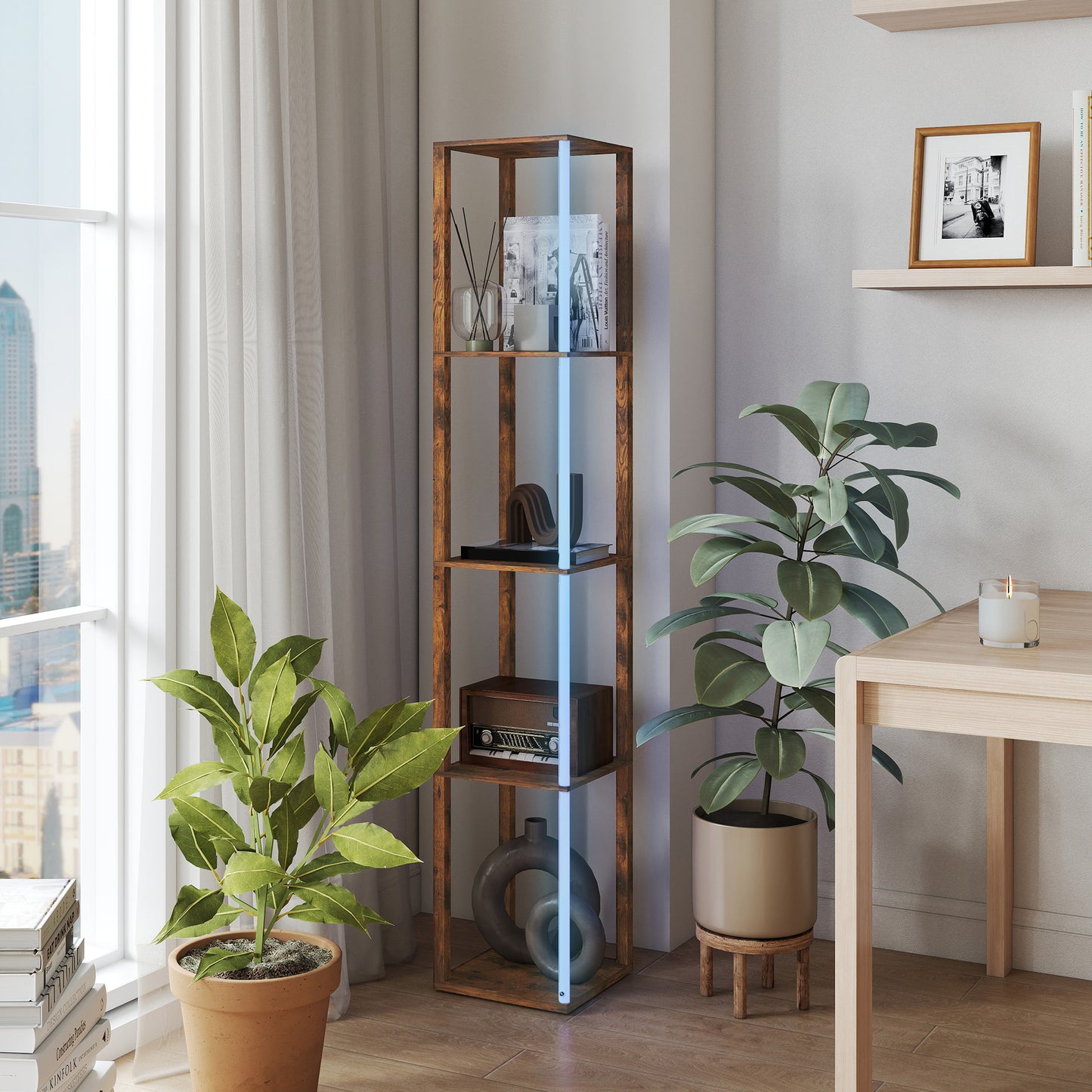 RGB LED Floor Lamp with Shelves and Remote Control, Rustic Brown