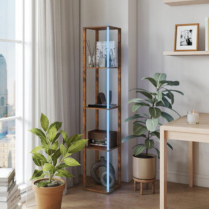RGB LED Floor Lamp with Shelves and Remote Control, Rustic Brown