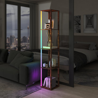 RGB LED Floor Lamp with Shelves and Remote Control, Rustic Brown
