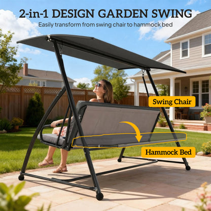 2-in-1 Swing Chair 3 Seater Hammock Cushion Bed Tilt Canopy Grey