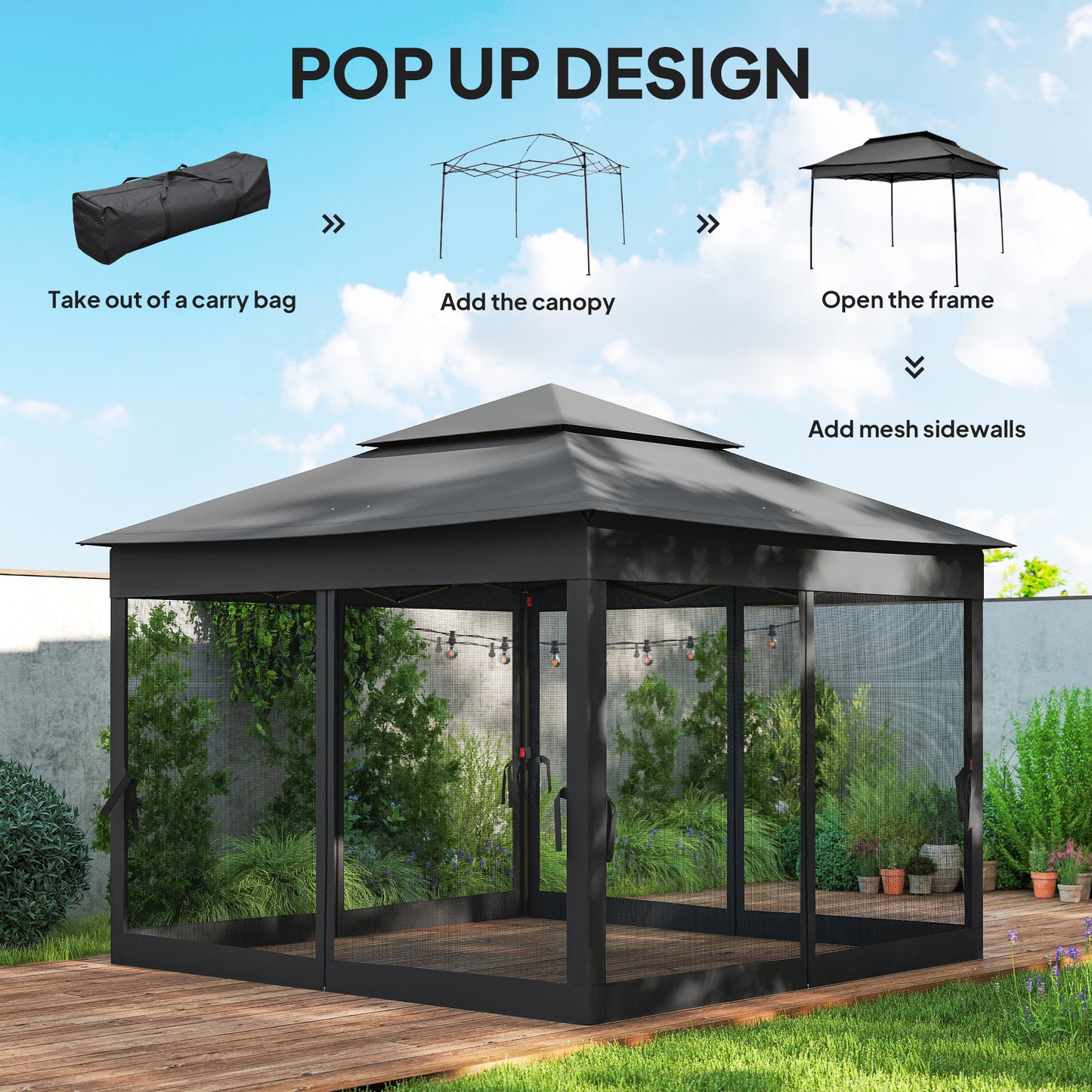 Garden Folding Tent Heavy Duty Pop Up Gazebo for Party Black