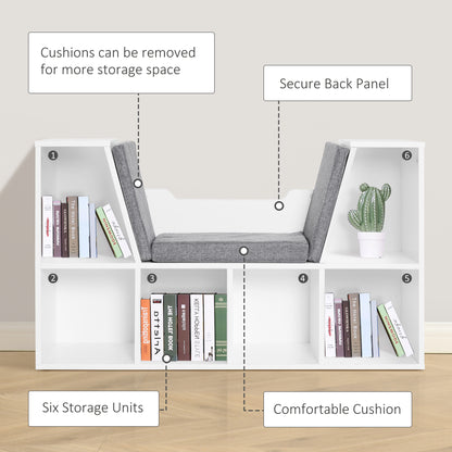 HOMCOM Bookcase Storage Shelf with Cushioned Reading Seat, Cube Bookshelf Organizer for Bedroom Living Room, White