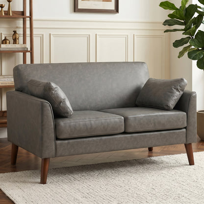 2 Seater Sofa, 132 cm Modern Small Sofa, PU Leather Upholstered Loveseat with Solid Wood Legs and 2 Pillows, Couch Settee for Small Space, Living Room, Bedroom, Home Office, Grey