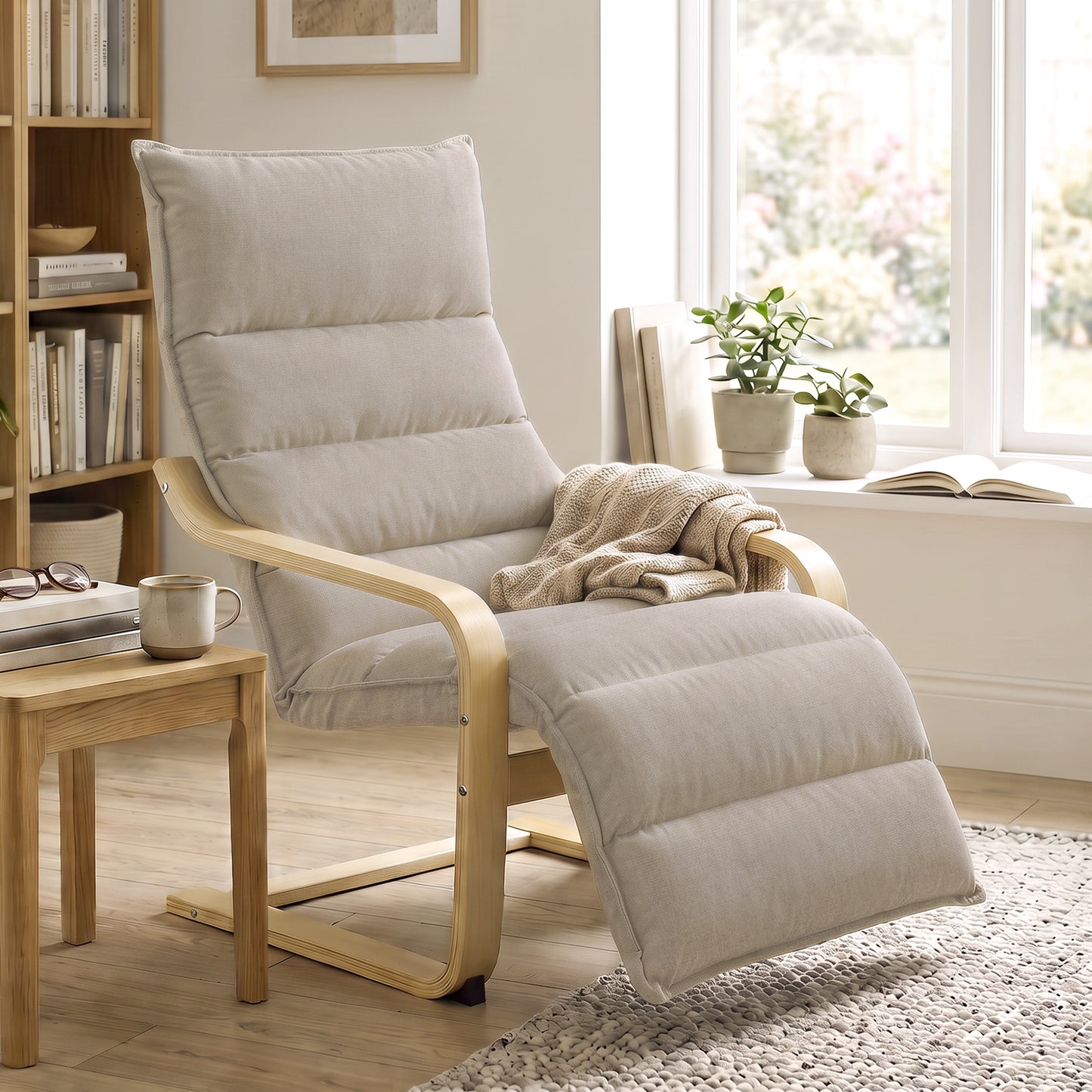 Lounge Chair with Wooden Frame for Living Room, Bedroom, Light Brown